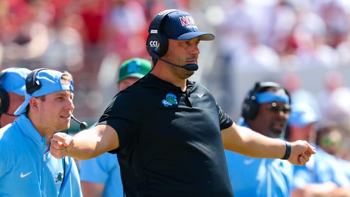 Sep 14, 2024; Norman, Oklahoma, USA;  Tulane Green Wave head coach Jon Sumrall reacts during the first half against the Oklahoma Sooners at Gaylord Family-Oklahoma Memorial Stadium. 