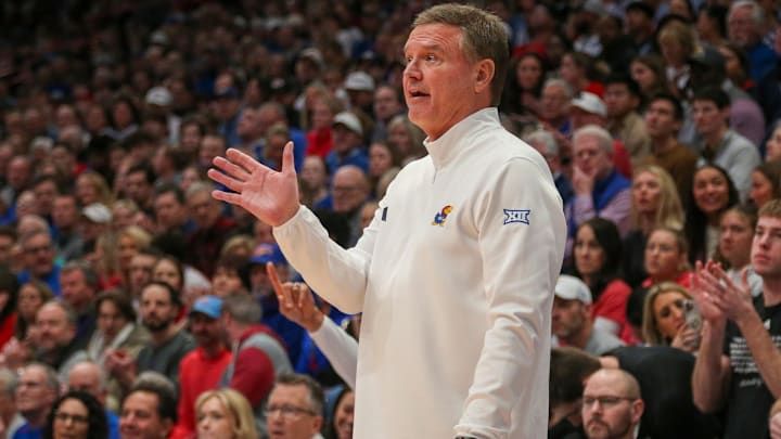 Jan 18, 2025; Lawrence, Kansas, USA; Kansas Jayhawks head coach Bill Self yells at his team during the first half against the Kansas State Wildcats at Allen Fieldhouse. Mandatory Credit: Scott Sewell-Imagn Images Jan 18, 2025; Lawrence, Kansas, USA; Kansas Jayhawks head coach Bill Self yells at his team during the first half against the Kansas State Wildcats at Allen Fieldhouse. Mandatory Credit: Scott Sewell-Imagn Images