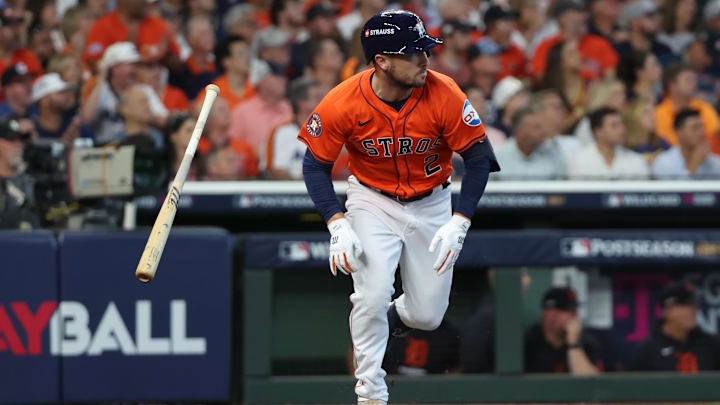 Oct 2, 2024; Houston, Texas, USA; Houston Astros third base Alex Bregman (2) runs after hitting a single against the Detroit Tigers during the second inning of game two of the Wildcard round for the 2024 MLB Playoffs at Minute Maid Park. 