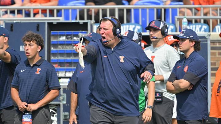 Sep 6, 2025; Durham, North Carolina, USA;  Illinois Fighting Illini head coach Bret Bielema reacts during the third quarter against the Duke Blue Devils at Wallace Wade Stadium. Mandatory Credit: Zachary Taft-Imagn Images