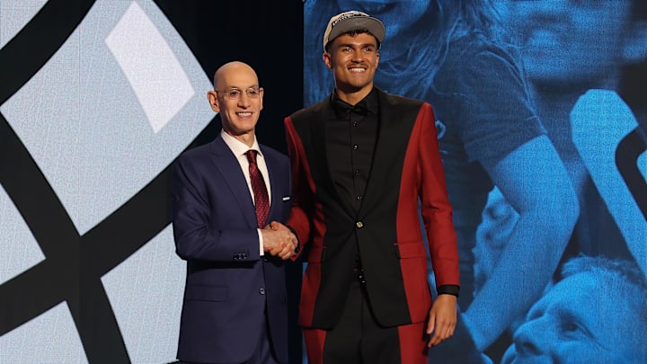 Jun 26, 2024; Brooklyn, NY, USA; Tristan da Silva poses for photos with NBA commissioner Adam Silver after being selected in the first round by the Orlando Magic in the 2024 NBA Draft at Barclays Center. Jun 26, 2024; Brooklyn, NY, USA; Tristan da Silva poses for photos with NBA commissioner Adam Silver after being selected in the first round by the Orlando Magic in the 2024 NBA Draft at Barclays Center.