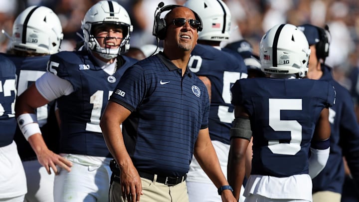 Penn State Nittany Lions head coach James Franklin looks up from the sideline during the second quarter against the Nevada Wolf Pack at Beaver Stadium. 