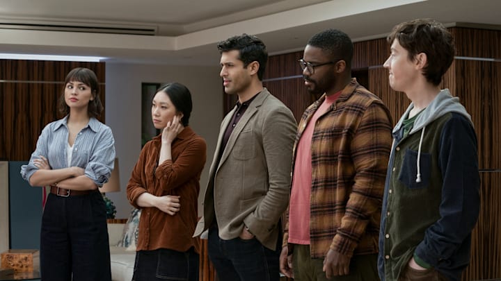 3 Body Problem. (L to R) Eiza González as Auggie Salazar, Jess Hong as Jin Cheng, Saamer Usmani as Raj Varma, Jovan Adepo as Saul Durand, Alex Sharp as Will Downing in episode 103 of 3 Body Problem. Cr. Ed Miller/Netflix © 2024