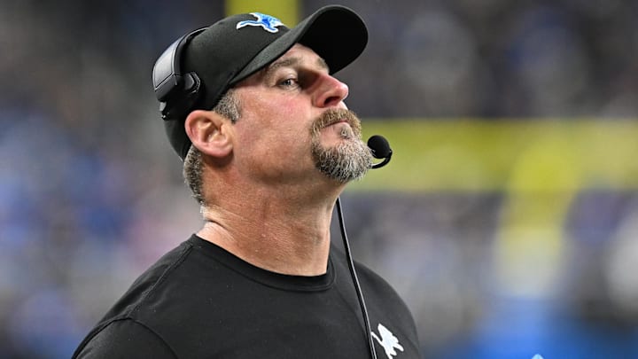 Dec 15, 2024; Detroit, Michigan, USA; Detroit Lions head coach Dan Campbell reacts after the Buffalo Bills scored a touchdown on their first play after recovering an onside kick attempt by the Lions in the fourth quarter at Ford Field. Mandatory Credit: Lon Horwedel-Imagn Images