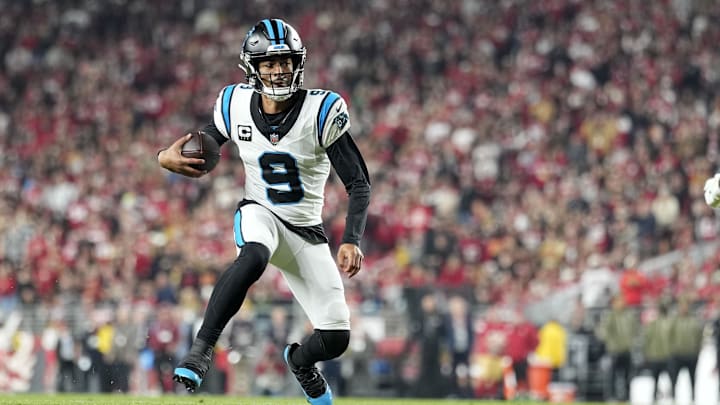 Nov 24, 2025; Santa Clara, California, USA; Carolina Panthers quarterback Bryce Young (9) rushes the ball against the San Francisco 49ers during the first half at Levi's Stadium. Mandatory Credit: Kyle Terada-Imagn Images Nov 24, 2025; Santa Clara, California, USA; Carolina Panthers quarterback Bryce Young (9) rushes the ball against the San Francisco 49ers during the first half at Levi's Stadium. Mandatory Credit: Kyle Terada-Imagn Images