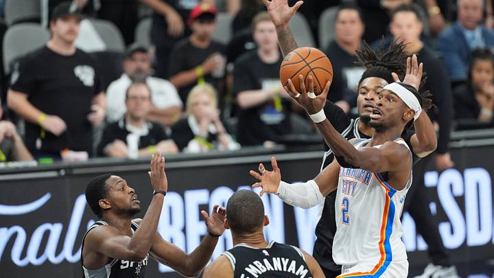 May 28, 2026; San Antonio, Texas, USA; Oklahoma City Thunder guard Shai Gilgeous-Alexander (2) shoots the ball against the San Antonio Spurs in the first half during game six of the western conference finals for the 2026 NBA playoffs at Frost Bank Center. Mandatory Credit: Dustin Safranek-Imagn Images May 28, 2026; San Antonio, Texas, USA; Oklahoma City Thunder guard Shai Gilgeous-Alexander (2) shoots the ball against the San Antonio Spurs in the first half during game six of the western conference finals for the 2026 NBA playoffs at Frost Bank Center. Mandatory Credit: Dustin Safranek-Imagn Images