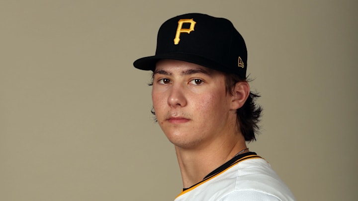 Feb 20, 2024; Bradenton, FL, USA;  Pittsburgh Pirates pitcher Bubba Chandler (57) poses for a photo