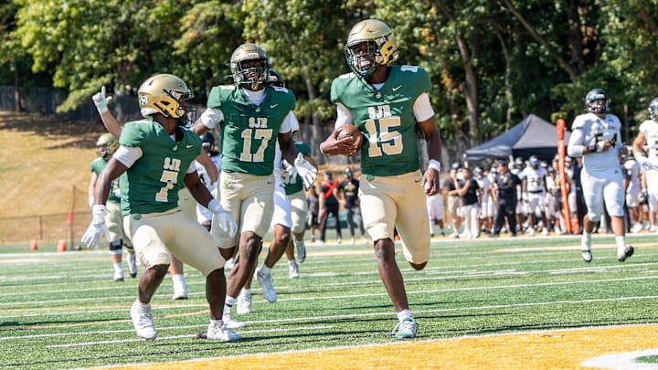 Paramus Catholic football at St. Joseph Regional, Saturday, Sept. 21, 2024, Montvale, New Jersey. From left, St. Joseph's #7 Nathan Bailey, #17 Tahj Gray and #15 Lamar Best on his way to a touchdown in the first quarter.