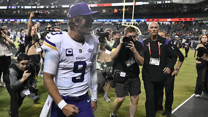 Sep 8, 2025; Chicago, Illinois, USA; Minnesota Vikings quarterback J.J. McCarthy (9) reacts after defeating the Chicago Bears at Soldier Field.