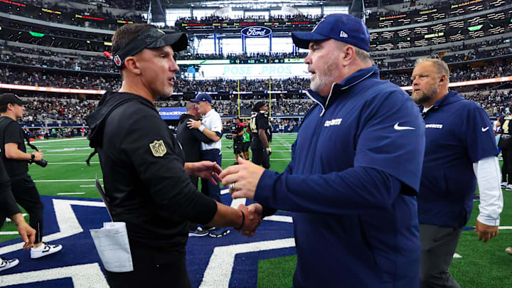 Sep 15, 2024; Arlington, Texas, USA; New Orleans Saints head coach Dennis Allen (left) greets Dallas Cowboys head coach Mike McCarthy after the game at AT&T Stadium. Sep 15, 2024; Arlington, Texas, USA; New Orleans Saints head coach Dennis Allen (left) greets Dallas Cowboys head coach Mike McCarthy after the game at AT&T Stadium.