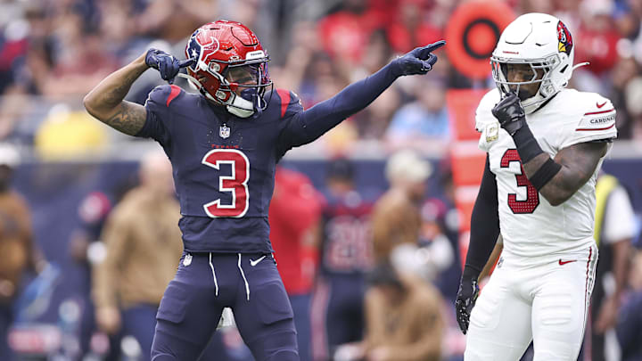 Nov 19, 2023; Houston, Texas, USA; Houston Texans wide receiver Tank Dell (3) signals a first down