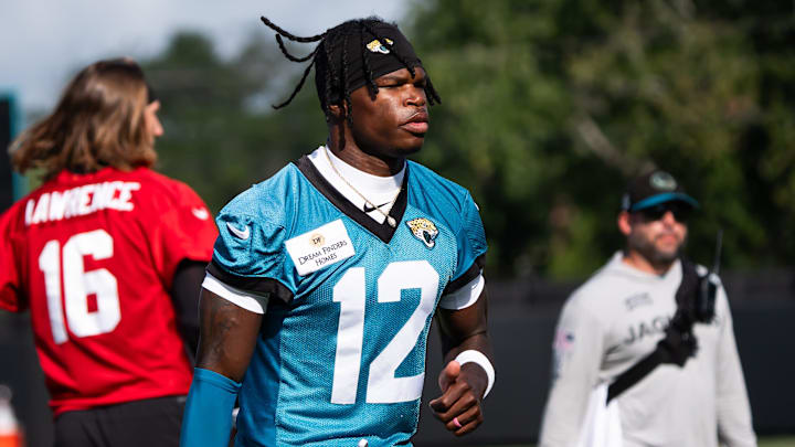 Jacksonville Jaguars wide receiver Travis Hunter (12) jogs to his first drill during the Jacksonville Jaguars’ third mandatory minicamp Thursday June 12, 2025 at the Miller Electric Center in Jacksonville, Fla. [Doug Engle/Florida Times-Union]