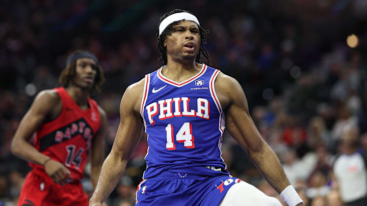 Mar 30, 2025; Philadelphia, Pennsylvania, USA; Philadelphia 76ers guard Ricky Council IV (14) reacts after dunking the ball against the Toronto Raptors during the second quarter at Wells Fargo Center. Mandatory Credit: Bill Streicher-Imagn Images Mar 30, 2025; Philadelphia, Pennsylvania, USA; Philadelphia 76ers guard Ricky Council IV (14) reacts after dunking the ball against the Toronto Raptors during the second quarter at Wells Fargo Center. Mandatory Credit: Bill Streicher-Imagn Images