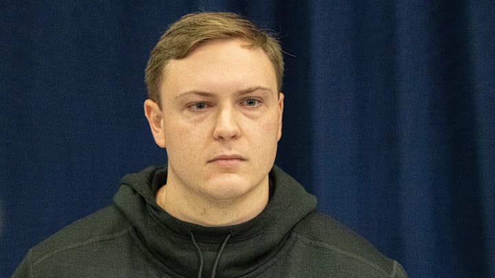 Mar 2, 2024; Indianapolis, IN, USA; Missouri place kicker Harrison Mevis (PK03) talks to the media during the 2024 NFL Combine at Lucas Oil Stadium. Mandatory Credit: Trevor Ruszkowski-Imagn Images Mar 2, 2024; Indianapolis, IN, USA; Missouri place kicker Harrison Mevis (PK03) talks to the media during the 2024 NFL Combine at Lucas Oil Stadium. Mandatory Credit: Trevor Ruszkowski-Imagn Images