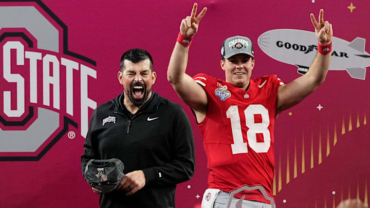 Ohio State Buckeyes head coach Ryan Day and quarterback Will Howard.