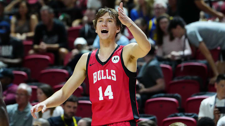 Jul 14, 2024; Las Vegas, NV, USA; Chicago Bulls forward Matas Buzelis (14) shouts at a teammate while playing against the Golden State Warriors during the first quarter at Thomas & Mack Center. Mandatory Credit: Stephen R. Sylvanie-Imagn Images
