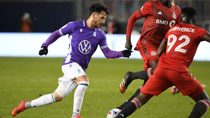 Nov 3, 2021; Toronto, Ontario, Canada;   Pacific FC midfielder Marco Bustos (10) dribbles the ball