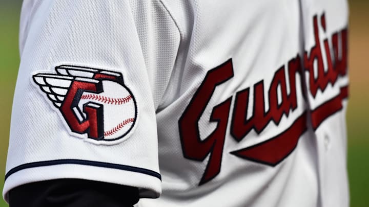 Apr 15, 2022; Cleveland, Ohio, USA; A detail of the uniform of Cleveland Guardians left fielder Steven Kwan during the game between the Cleveland Guardians and the San Francisco Giants at Progressive Field. Mandatory Credit: Ken Blaze-Imagn Images