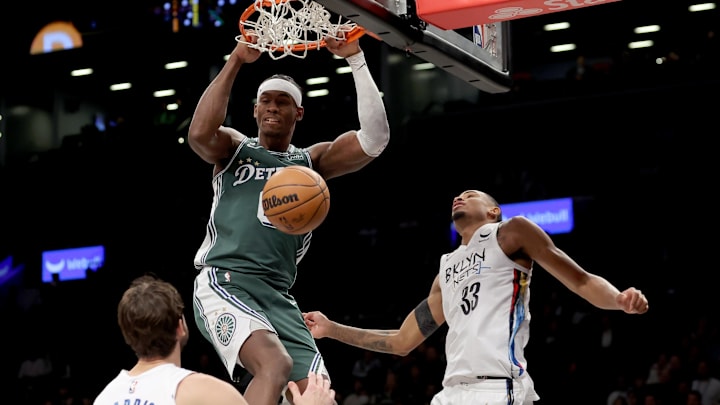 Jan 26, 2023; Brooklyn, New York, USA; Detroit Pistons center Jalen Duren (0) dunks against Brooklyn