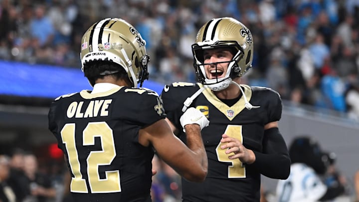 Sep 18, 2023; Charlotte, North Carolina, USA; New Orleans Saints quarterback Derek Carr (4) reacts