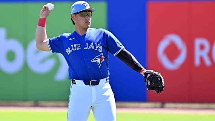 Feb 23, 2026; Dunedin, Florida, USA; Toronto Blue Jays third baseman Kazuma Okamoto (7) warms up before the start of the game  against the New York Mets during spring training at TD Ballpark. Mandatory Credit: Jonathan Dyer-Imagn Images
