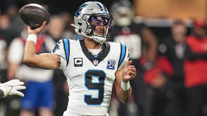Carolina Panthers quarterback Bryce Young (9) passes against the Atlanta Falcons during the first half at Mercedes-Benz Stadium.