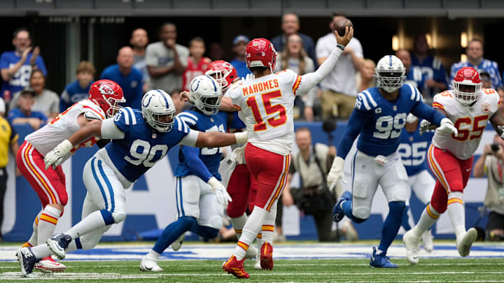 Indianapolis Colts defensive tackle Grover Stewart (90) applies pressure to Kansas City Chiefs