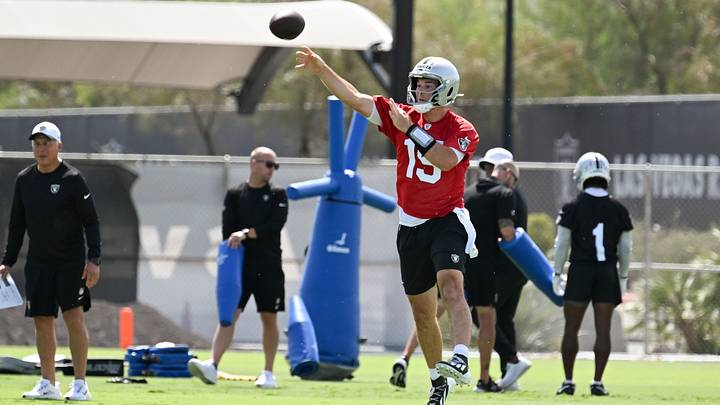 Jun 3, 2026; Henderson, NV, USA; Las Vegas Raiders quarterback Fernando Mendoza (15) throws during organized team activities Jun 3, 2026; Henderson, NV, USA; Las Vegas Raiders quarterback Fernando Mendoza (15) throws during organized team activities