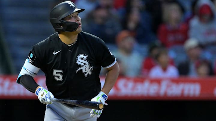 May 4, 2026; Anaheim, California, USA; Chicago White Sox first baseman Munetaka Murakami (5) watches the flight of the ball on a two-run home run May 4, 2026; Anaheim, California, USA; Chicago White Sox first baseman Munetaka Murakami (5) watches the flight of the ball on a two-run home run