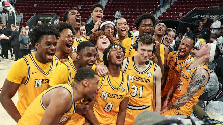 Feb 1, 2025; Starkville, Mississippi, USA; Missouri Tigers team celebrate after winning the game against Mississippi State Bulldogs at Humphrey Coliseum. Mandatory Credit: Wesley Hale-Imagn Images