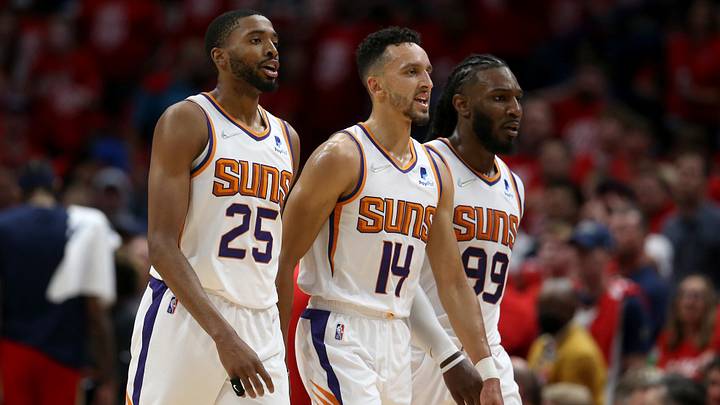 Apr 22, 2022; New Orleans, Louisiana, USA; Phoenix Suns forward Mikal Bridges (25) and guard Landry Shamet (14) and forward Jae Crowder (99) in the second quarter of game three of the first round for the 2022 NBA playoffs at the Smoothie King Center against the New Orleans Pelicans. Mandatory Credit: Chuck Cook-Imagn Images Apr 22, 2022; New Orleans, Louisiana, USA; Phoenix Suns forward Mikal Bridges (25) and guard Landry Shamet (14) and forward Jae Crowder (99) in the second quarter of game three of the first round for the 2022 NBA playoffs at the Smoothie King Center against the New Orleans Pelicans. Mandatory Credit: Chuck Cook-Imagn Images