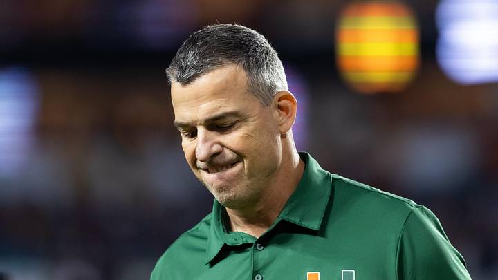 Jan 19, 2026; Miami Gardens, FL, USA; Miami Hurricanes head coach Mario Cristobal reacts against the Indiana Hoosiers during the College Football Playoff National Championship game at Hard Rock Stadium. Mandatory Credit: Mark J. Rebilas-Imagn Images