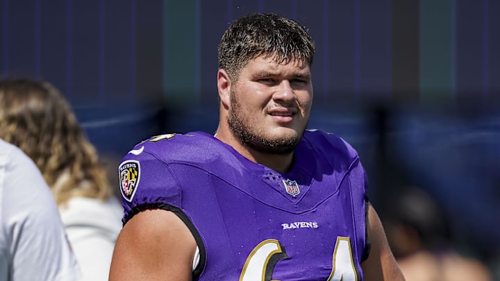 Sep 14, 2025; Baltimore, Maryland, USA; Baltimore Ravens center Tyler Linderbaum (64) before the game against the Cleveland Browns at M&T Bank Stadium. Mandatory Credit: Mitch Stringer-Imagn Images