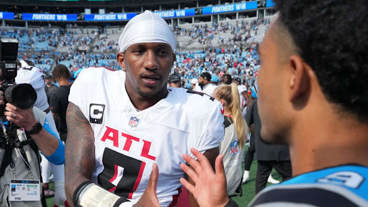 Atlanta Falcons quarterback Michael Penix Jr. greeted Carolina Panthers quarterback Bryce Young after the game on Sunday. Atlanta Falcons quarterback Michael Penix Jr. greeted Carolina Panthers quarterback Bryce Young after the game on Sunday.