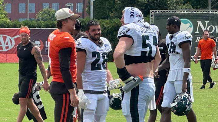 Browns' Kenny Pickett catches up with former Eagles teammates Cam Jurgens and Will Shipley. Browns' Kenny Pickett catches up with former Eagles teammates Cam Jurgens and Will Shipley.