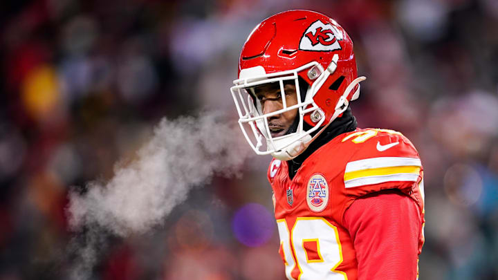 Jan 13, 2024; Kansas City, Missouri, USA; Kansas City Chiefs cornerback L'Jarius Sneed (38) reacts after a play during the first half of a 2024 AFC wild card game against the Miami Dolphins at GEHA Field at Arrowhead Stadium. Mandatory Credit: Jay Biggerstaff-Imagn Images