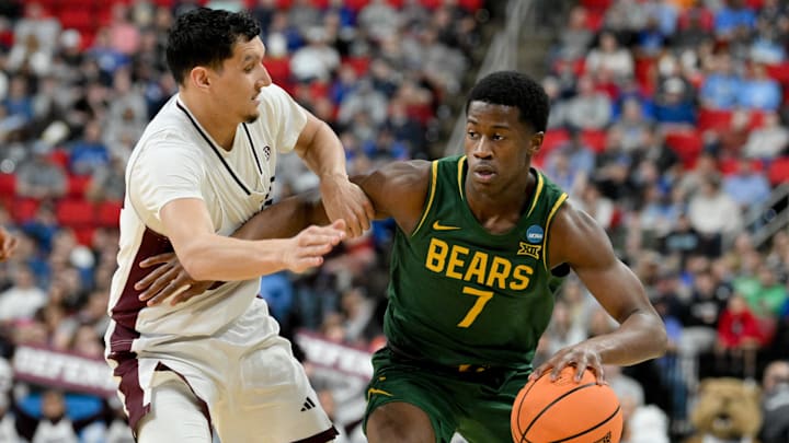 Mar 21, 2025; Raleigh, NC, USA; Mississippi State Bulldogs forward RJ Melendez (22) defends against Baylor Bears guard VJ Edgecombe (7) during the second half in the first round of the NCAA Tournament at Lenovo Center. Mandatory Credit: Zachary Taft-Imagn Images Mar 21, 2025; Raleigh, NC, USA; Mississippi State Bulldogs forward RJ Melendez (22) defends against Baylor Bears guard VJ Edgecombe (7) during the second half in the first round of the NCAA Tournament at Lenovo Center. Mandatory Credit: Zachary Taft-Imagn Images