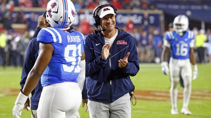 Nov 9, 2024; Oxford, Mississippi, USA; Mississippi Rebels head coach Lane Kiffin reacts near the end of the game during the second half against the Georgia Bulldogs at Vaught-Hemingway Stadium. Mandatory Credit: Petre Thomas-Imagn Images Nov 9, 2024; Oxford, Mississippi, USA; Mississippi Rebels head coach Lane Kiffin reacts near the end of the game during the second half against the Georgia Bulldogs at Vaught-Hemingway Stadium. Mandatory Credit: Petre Thomas-Imagn Images