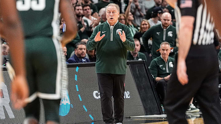 Michigan State head coach Tom Izzo reacts to a play against Auburn during the first half of the Elite Eight round of the NCAA tournament at State Farm Arena in Atlanta on Sunday, March 30, 2025.