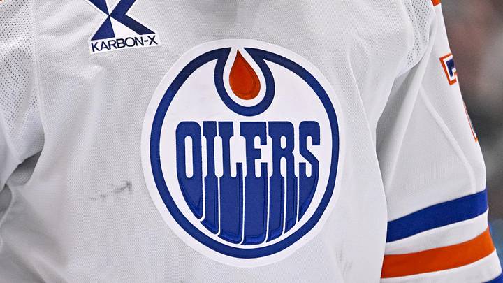 May 29, 2025; Dallas, Texas, USA; A view of the logo of the Edmonton Oilers on the jersey of goaltender Stuart Skinner (74) during the game between the Dallas Stars and the Edmonton Oilers in game five of the Western Conference Final of the 2025 Stanley Cup Playoffs at American Airlines Center. May 29, 2025; Dallas, Texas, USA; A view of the logo of the Edmonton Oilers on the jersey of goaltender Stuart Skinner (74) during the game between the Dallas Stars and the Edmonton Oilers in game five of the Western Conference Final of the 2025 Stanley Cup Playoffs at American Airlines Center.