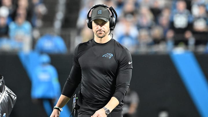 Jan 10, 2026; Charlotte, NC, USA; Carolina Panthers head coach Dave Canales on the field in the second quarter in an NFC Wild Card Round game at Bank of America Stadium. Mandatory Credit: Bob Donnan-Imagn Images