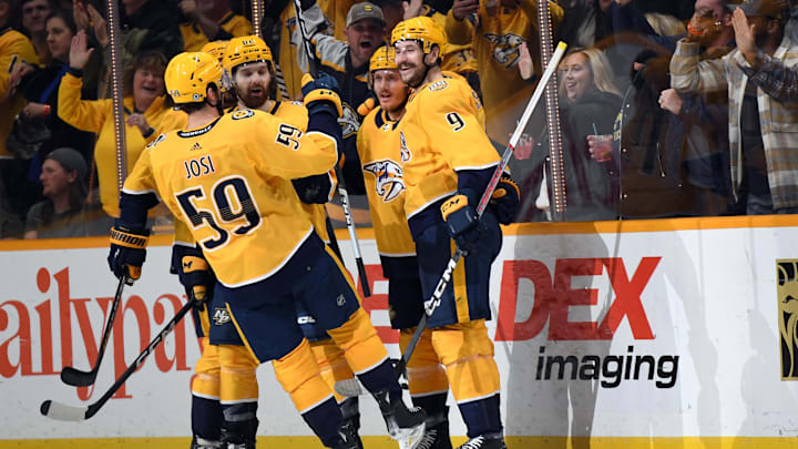 Feb 29, 2024; Nashville, Tennessee, USA; Nashville Predators left wing Filip Forsberg (9) celebrates