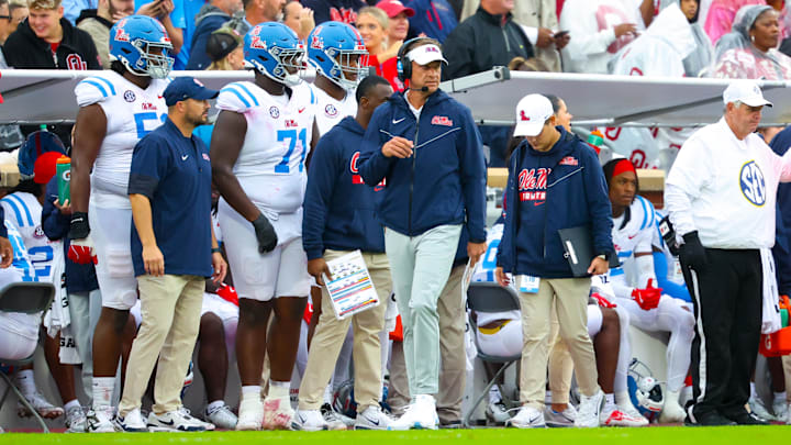 Oct 25, 2025; Norman, Oklahoma, USA;  Ole Miss Rebels head coach Lane Kiffin during the game against the Oklahoma Sooners at Gaylord Family-Oklahoma Memorial Stadium. Mandatory Credit: Kevin Jairaj-Imagn Images