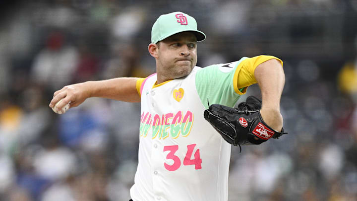 Jun 7, 2024; San Diego, California, USA; San Diego Padres starting pitcher Michael King (34) delivers during the first inning against the Arizona Diamondbacks at Petco Park. Mandatory Credit: Denis Poroy-USA TODAY Sports at Petco Park. 