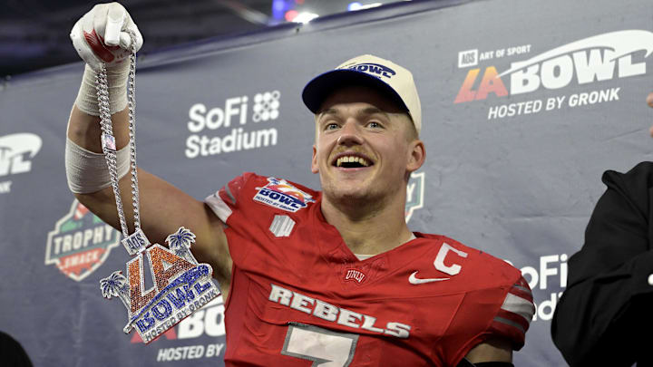 UNLV linebacker Jackson Woodard celebrates after the LA Bowl.