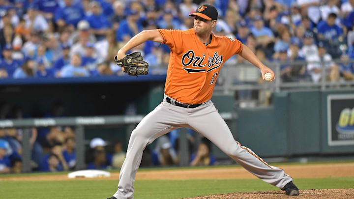 Apr 23, 2016; Kansas City, MO, USA; Baltimore Orioles pitcher Brian Matusz (17) delivers a pitch against the Kansas City Royals during the sixth inning at Kauffman Stadium. Apr 23, 2016; Kansas City, MO, USA; Baltimore Orioles pitcher Brian Matusz (17) delivers a pitch against the Kansas City Royals during the sixth inning at Kauffman Stadium.
