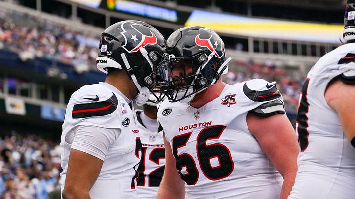 Oct 11, 2026; Nashville, Tennessee, USA; Houston Texans quarterback C.J. Stroud (7) celebrates his touchdown with linebacker Jamal Hill (56) against the Tennessee Titans during the second half at Nissan Stadium. Mandatory Credit: Steve Roberts-Imagn Images Oct 11, 2026; Nashville, Tennessee, USA; Houston Texans quarterback C.J. Stroud (7) celebrates his touchdown with linebacker Jamal Hill (56) against the Tennessee Titans during the second half at Nissan Stadium. Mandatory Credit: Steve Roberts-Imagn Images