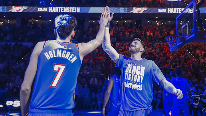 Feb 7, 2025; Oklahoma City, Oklahoma, USA; Oklahoma City Thunder center Isaiah Hartenstein (55) high fives forward Chet Holmgren (7) during introductions before the start of a game against the Toronto Raptors during the second half at Paycom Center. Mandatory Credit: Alonzo Adams-Imagn Images