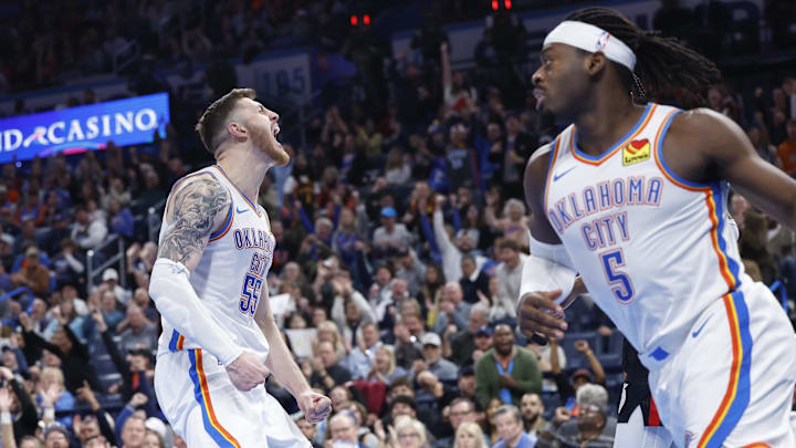 Nov 20, 2024; Oklahoma City, Oklahoma, USA; Oklahoma City Thunder center Isaiah Hartenstein (55) celebrates after scoring against the Portland Trail Blazers during the second half at Paycom Center. Mandatory Credit: Alonzo Adams-Imagn Images Nov 20, 2024; Oklahoma City, Oklahoma, USA; Oklahoma City Thunder center Isaiah Hartenstein (55) celebrates after scoring against the Portland Trail Blazers during the second half at Paycom Center. Mandatory Credit: Alonzo Adams-Imagn Images