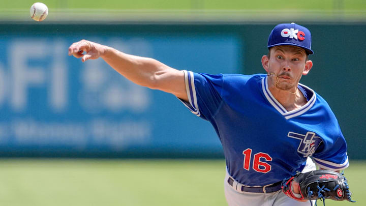 Oklahoma City pitcher Kevin Gowdy (16) pitches during a minor league baseball game between the Oklahoma City Baseball Club and the Albuquerque Isotopes at the Chickasaw Bricktown Ballpark in Oklahoma City, on Wednesday, June 19, 2024.